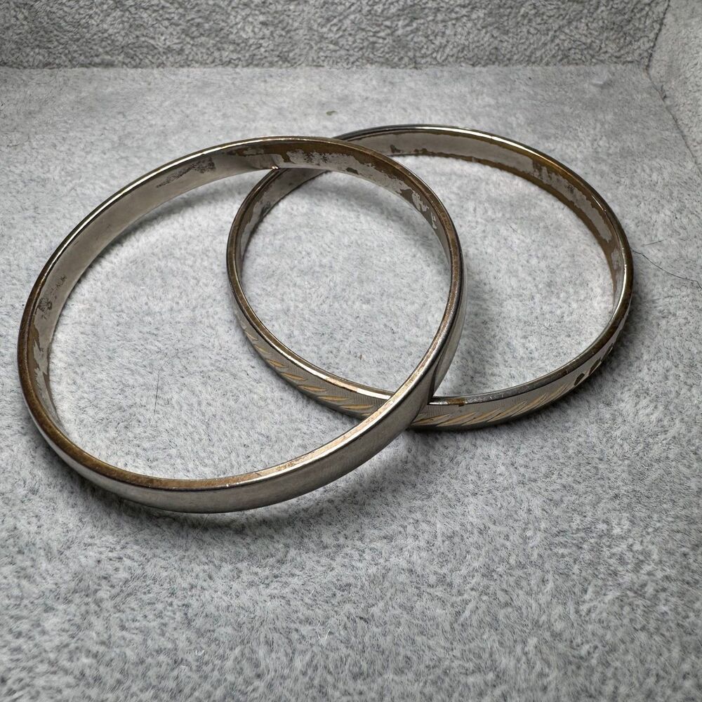 Vintage Monet Signed Bangle Bracelets Pair Two Tone Gold Silver Etched Stack 2pc
